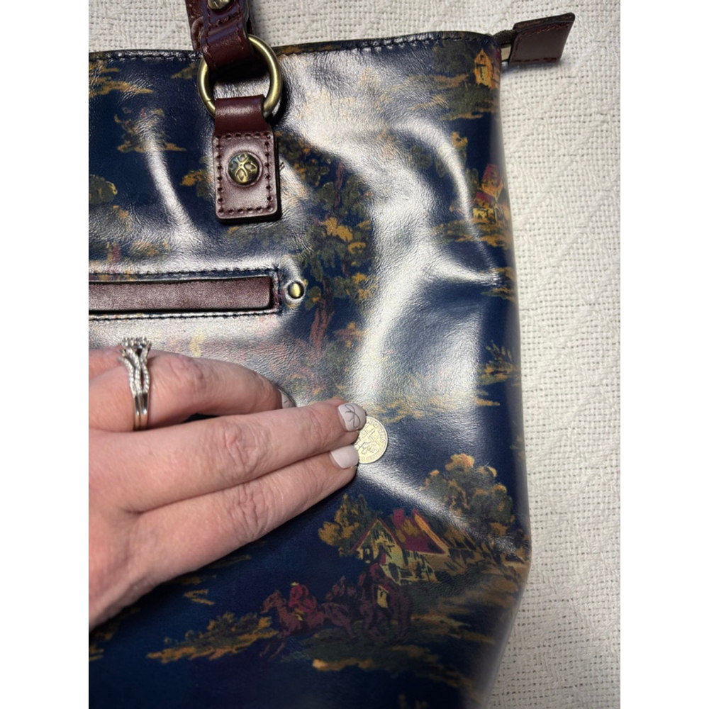 Patricia Nash Navy Tote with Brown Leather Handles and Scenic Gold & Pink Print - Picture 10 of 15